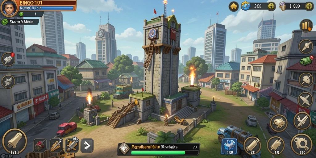 Screenshot gameplay BINGO101 menampilkan aksi menara pertahanan yang seru.