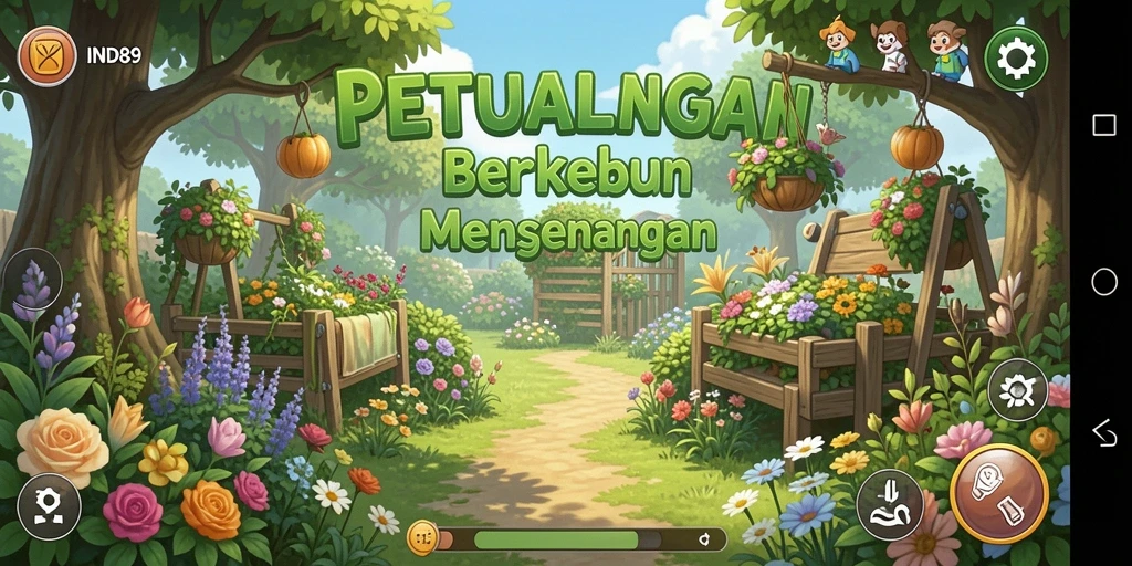 Tampilan gameplay yang menunjukkan kebun indah dalam IND89.